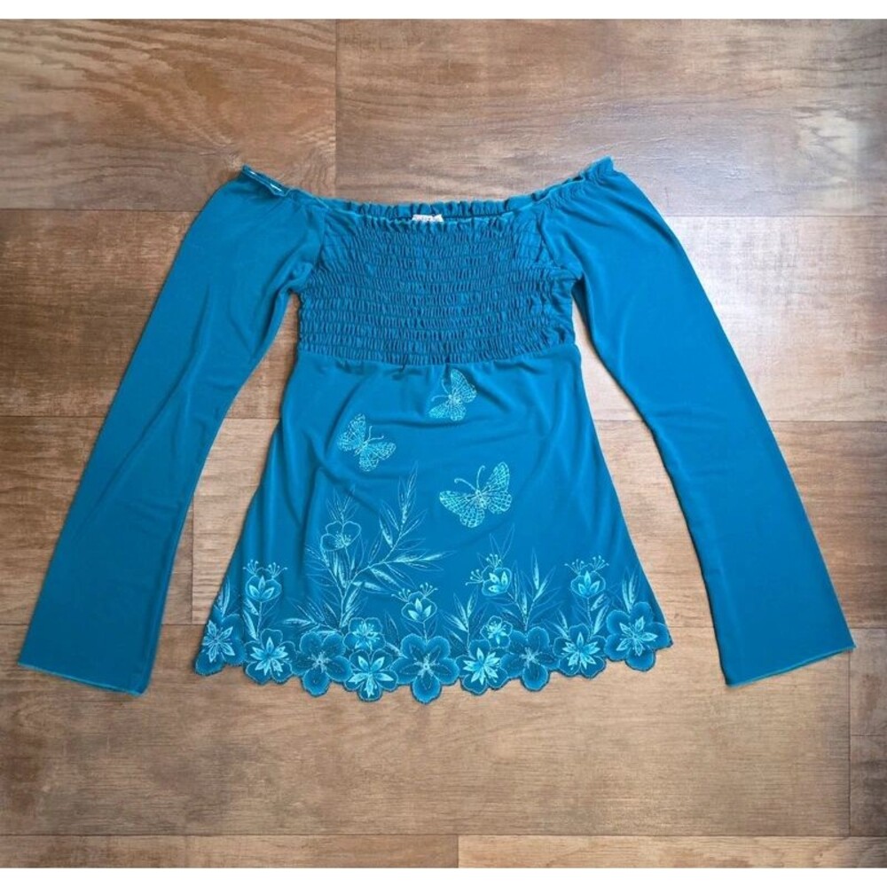 Vintage Y2K Lipstick Beaded Off-the-Shoulder Smocked Butterfly Top - Size M